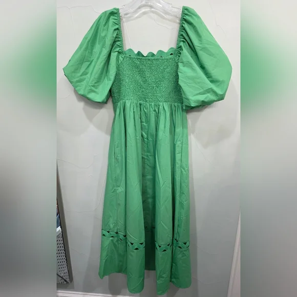 Entro Vibrant Green Midi Dress with Puff Sleeves - Picture 6 of 8